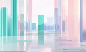 Un'illustrazione astratta e futuristica che rappresenta il concetto di data storytelling attraverso un paesaggio di grafici tridimensionali. Le strutture traslucide nei toni del verde, blu e rosa ricordano grattacieli, creando un effetto visivo che fonde dati e architettura. Sul pavimento riflettente, elementi simili a report cartacei con grafici e statistiche enfatizzano il tema dell'analisi visiva. L'immagine trasmette un senso di progresso, trasparenza e visualizzazione strategica dei dati.